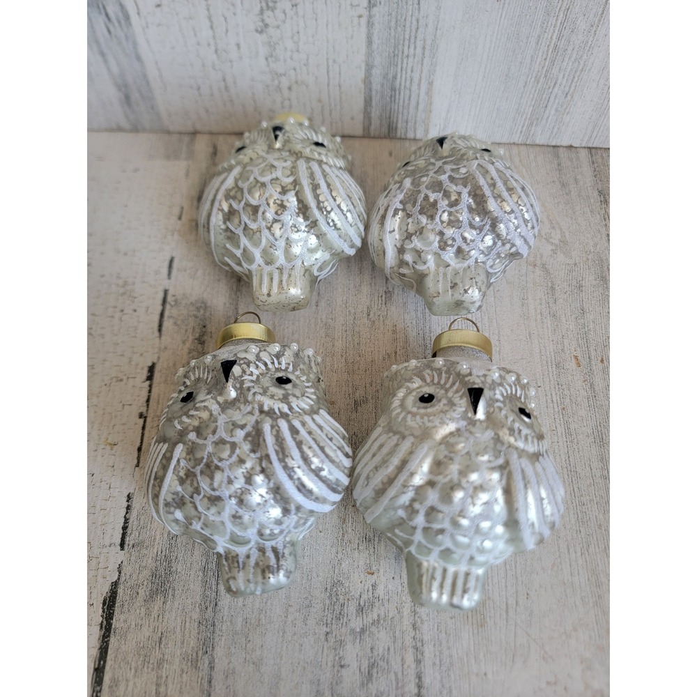 Rustic glass white owl speckled ornament Xmas glitter bird pearl set